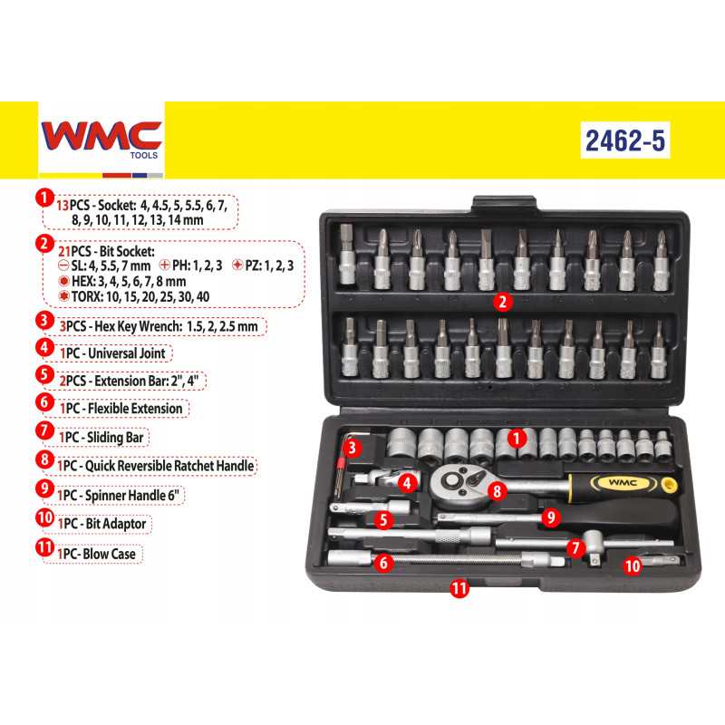 Wmc zestaw kluczy nasadowych 1/4 klucze 46 el