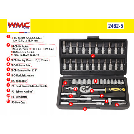 Wmc zestaw kluczy nasadowych 1/4 klucze 46 el