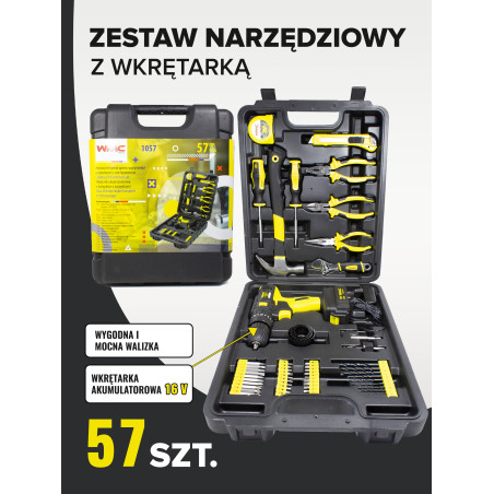 Zestaw narzędziowy z wkrętarką 57 el. walizka