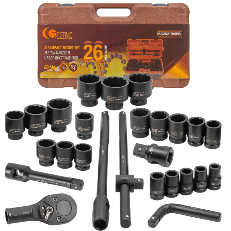 Zestaw nasadek udarowych 3/4" 12-kątne 17-65mm 26el walizka Zestaw nasadek udarowych 3/4" 12-kątne 17-65mm 26el walizka