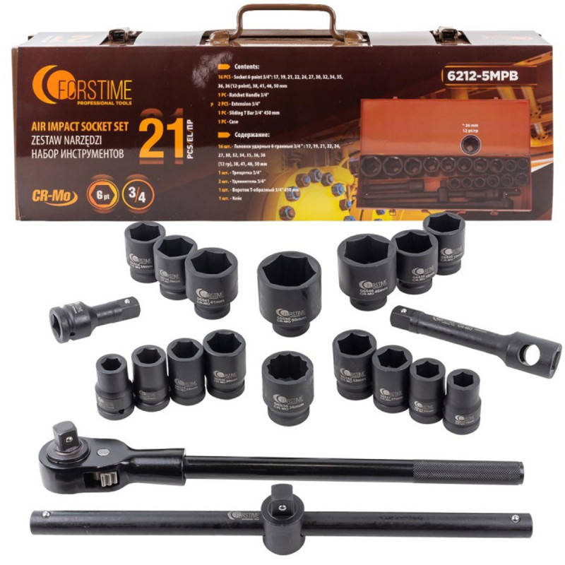 Klucze nasadowe udarowe 3/4'' 21el 6-kątnych 17-50mm walizka