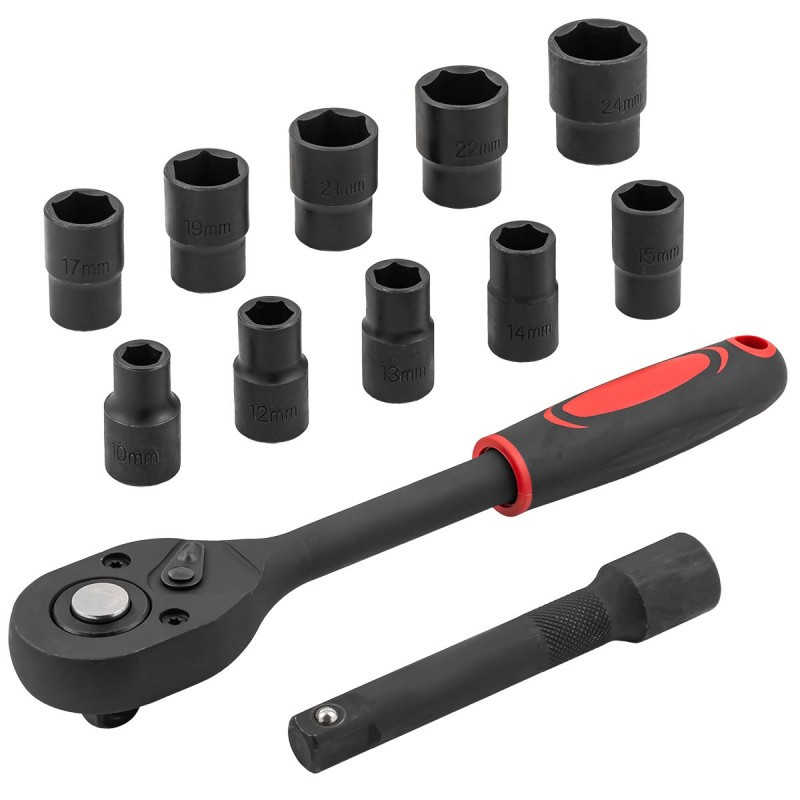 Zestaw nasadek 1/2" 10-24 mm 12 el z grzechotką przedłużką CrV Forcekraft