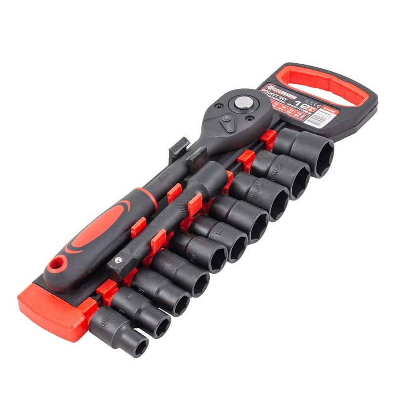 Zestaw nasadek 1/2" 10-24 mm 12 el z grzechotką przedłużką CrV Forcekraft