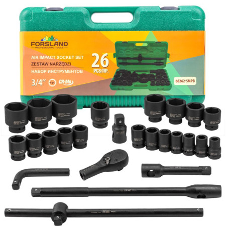 Klucze nasadowe udarowe  3/4'' 17-65mm 6-kątne 25el walizka