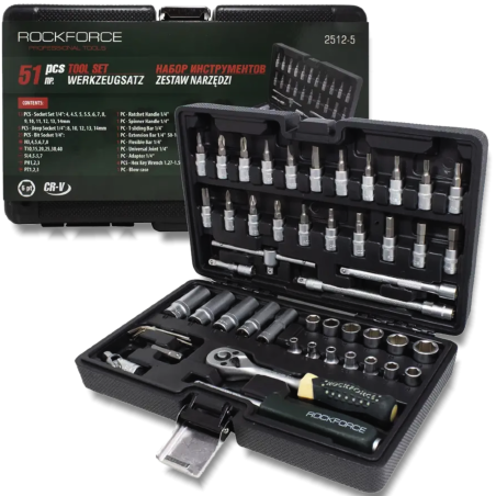 ROCKFORCE Zestaw NARZĘDZI 6-kątnych 51 elementów 1/4" 4-14 mm