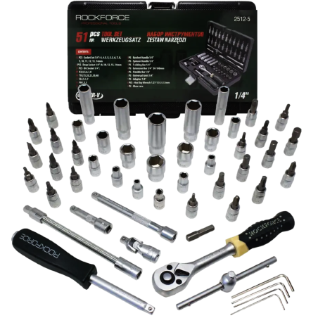 ROCKFORCE Zestaw NARZĘDZI 6-kątnych 51 elementów 1/4" 4-14 mm