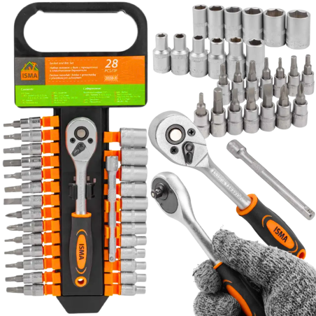 ISMA Zestaw narzędzi 28 ELEMENTÓW nasadki BITY 1/4" stal Crv
