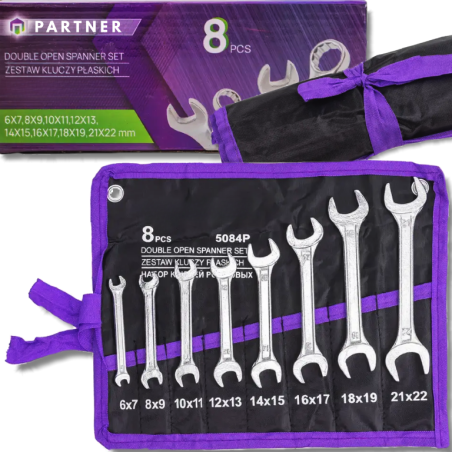 PARTNER Zestaw KLUCZY płaskich 8 ELEMENTÓW 6 - 22 mm PŁACHTA