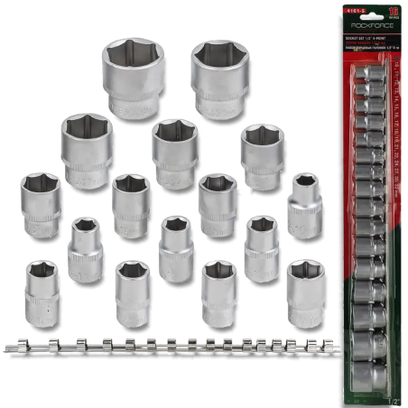 ROCKFORCE Zestaw NASADEK 1/2" 6-kątnych 16 ELEMENTÓW na listwie Cr-V