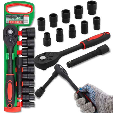 ROCKFORCE Zestaw NASADEK 1/2" 12 ELEMENTÓW z GRZECHOTKĄ i PRZEDŁUŻKĄ