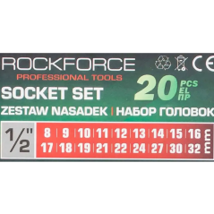 ROCKFORCE Zestaw NASADEK 1/2" 20 ELEMENTÓW z GRZECHOTKĄ i PRZEDŁUŻKĄ 8-32mm