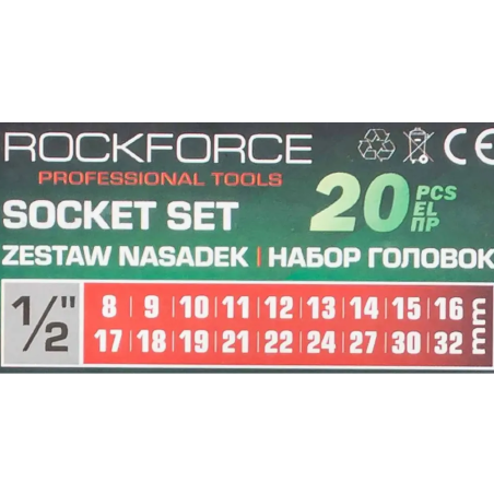 ROCKFORCE Zestaw NASADEK 1/2" 20 ELEMENTÓW z GRZECHOTKĄ i PRZEDŁUŻKĄ 8-32mm