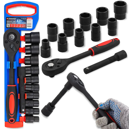 FORSAGE Zestaw NASADEK 1/2" 12 ELEMENTÓW z GRZECHOTKĄ i PRZEDŁUŻKĄ 10-24mm