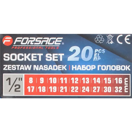 FORSAGE Zestaw NASADEK 1/2" 20 ELEMENTÓW z GRZECHOTKĄ i PRZEDŁUŻKĄ 8-32mm