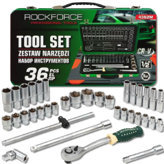 ROCKFORCE Zestaw NARZĘDZI nasadek 1/2" 36 el z adapterami i PRZEDŁUŻKAMI