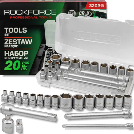 ROCKFORCE Zestaw NARZĘDZI nasadek 3/8" 20 el z adapterami i PRZEDŁUŻKAMI