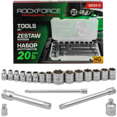 ROCKFORCE Zestaw NARZĘDZI nasadek 3/8" 20 el z adapterami i PRZEDŁUŻKAMI