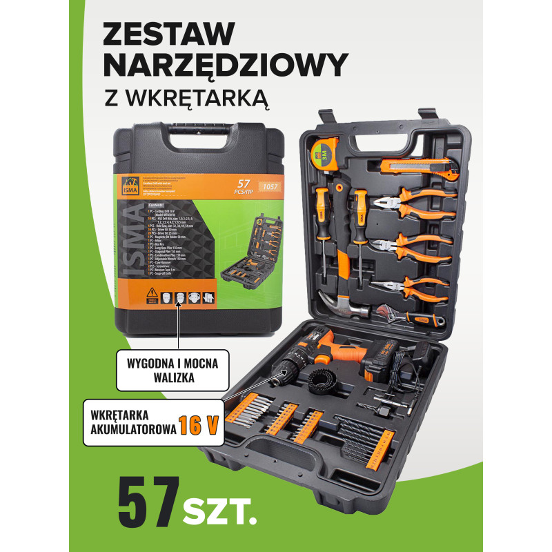 ISMA Zestaw NARZĘDZIOWY z WKRĘTARKĄ akumulatorową 57 elementów + WALIZKA