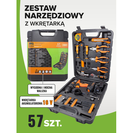 ISMA Zestaw NARZĘDZIOWY z WKRĘTARKĄ akumulatorową 57 elementów + WALIZKA