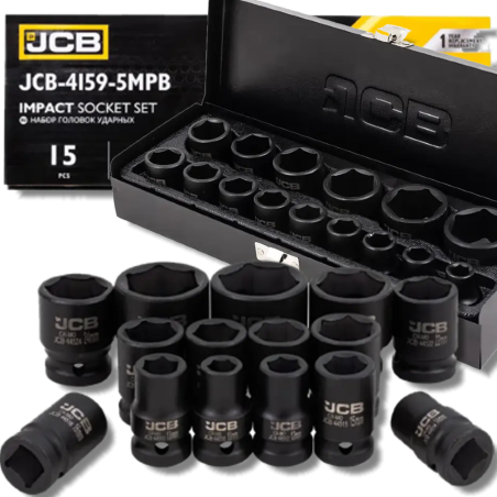 JCB Zestaw NASADEK udarowych 1/2" Cr-Mo 6-kątnych 15 ELEMENTÓW 10-32mm