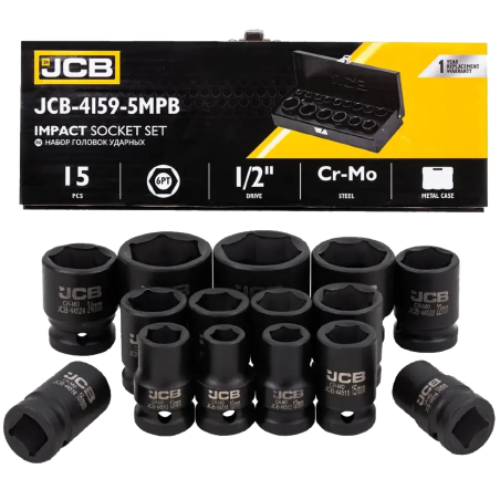 JCB Zestaw NASADEK udarowych 1/2" Cr-Mo 6-kątnych 15 ELEMENTÓW 10-32mm