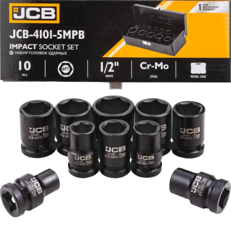 JCB Zestaw NASADEK udarowych 1/2" Cr-Mo 6-kątnych 10 ELEMENTÓW 10-24mm
