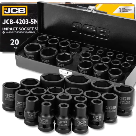 JCB Zestaw NASADEK udarowych 1/2" Cr-Mo 6-kątnych 20 ELEMENTÓW 8-32mm