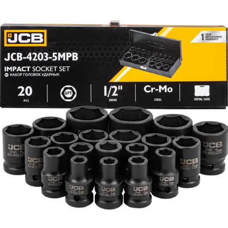 JCB Zestaw NASADEK udarowych 1/2" Cr-Mo 6-kątnych 20 ELEMENTÓW 8-32mm