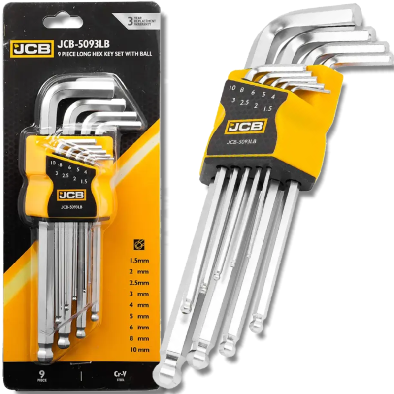 JCB Zestaw KLUCZY IMBUS długich z KULĄ 9 ELEMENTÓW 1.5-10mm typu L Cr-V HEX JCB Zestaw KLUCZY IMBUS długich z KULĄ 9 ELEMENTÓW 1.5-10mm typu L Cr-V HEX