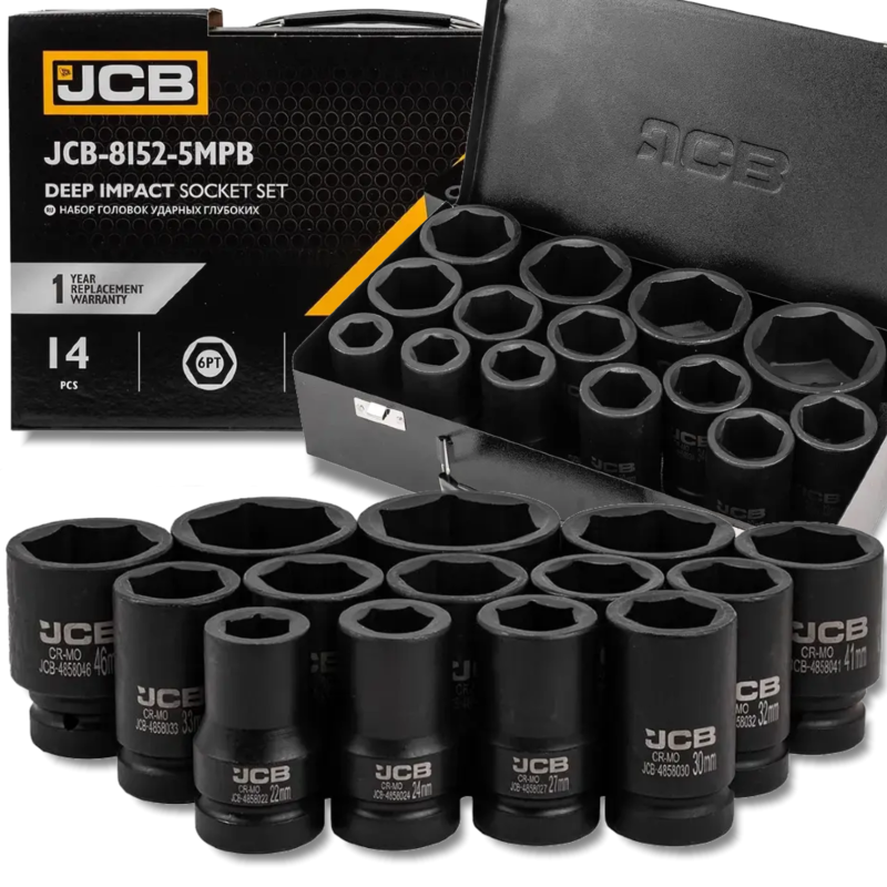 JCB Zestaw NASADEK udarowych GŁĘBOKICH 1" Cr-Mo 6-kątnych 14 ELEMENTÓW JCB Zestaw NASADEK udarowych GŁĘBOKICH 1" Cr-Mo 6-kątnych 14 ELEMENTÓW