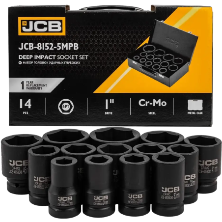 JCB Zestaw NASADEK udarowych GŁĘBOKICH 1" Cr-Mo 6-kątnych 14 ELEMENTÓW
