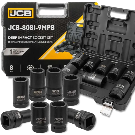JCB Zestaw NASADEK udarowych GŁĘBOKICH 1" Cr-Mo 12-kątnych 8 ELEMENTÓW