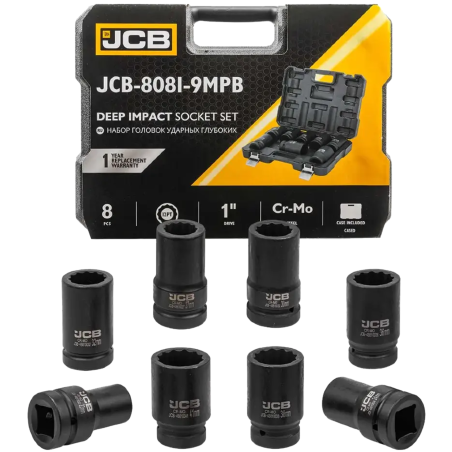 JCB Zestaw NASADEK udarowych GŁĘBOKICH 1" Cr-Mo 12-kątnych 8 ELEMENTÓW