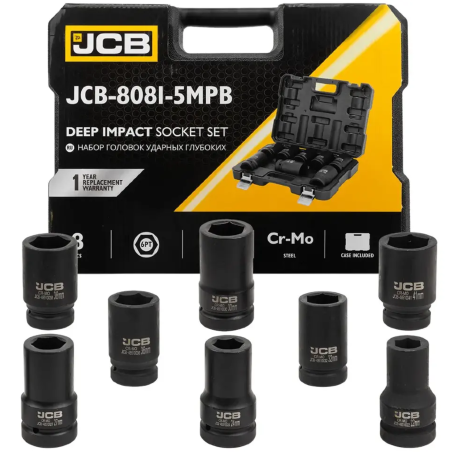 JCB Zestaw NASADEK udarowych GŁĘBOKICH 1" Cr-Mo 6-kątnych 8 ELEMENTÓW