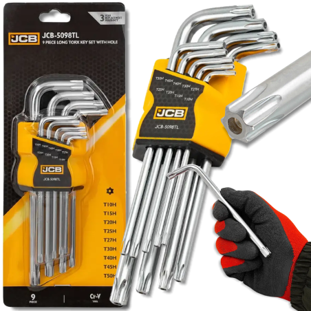 JCB Zestaw KLUCZY TORX długich z OTWOREM 9 ELEMENTÓW T10H-T50H typu L Cr-V