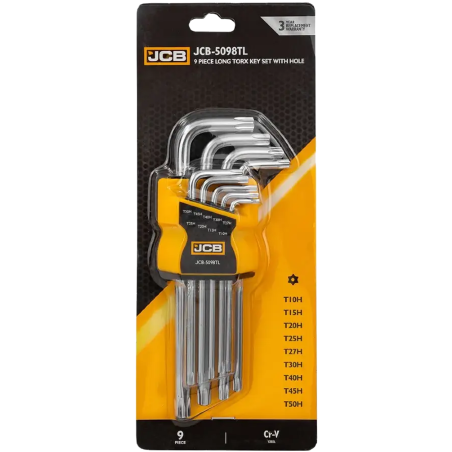JCB Zestaw KLUCZY TORX długich z OTWOREM 9 ELEMENTÓW T10H-T50H typu L Cr-V