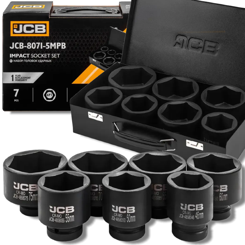 JCB Zestaw NASADEK udarowych 1" Cr-Mo 6-kątnych 7 ELEMENTÓW 46-75mm JCB Zestaw NASADEK udarowych 1" Cr-Mo 6-kątnych 7 ELEMENTÓW 46-75mm