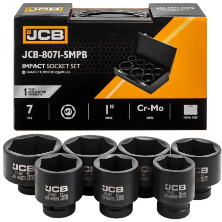 JCB Zestaw NASADEK udarowych 1" Cr-Mo 6-kątnych 7 ELEMENTÓW 46-75mm