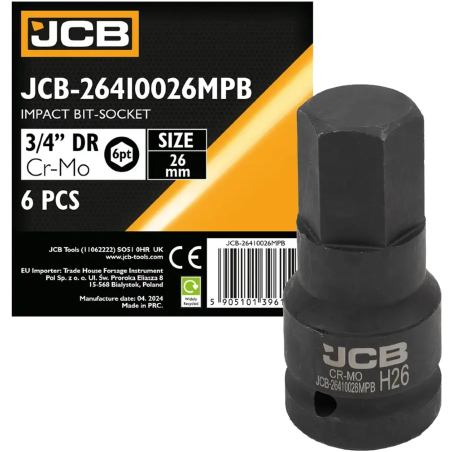 JCB Nasadka BIT udarowa 3/4" 26mm 6-kątna Cr-Mo KLUCZ nasadowy