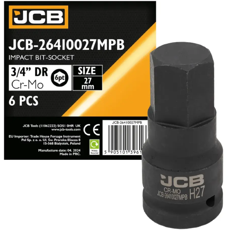 JCB Nasadka BIT udarowa 3/4" 27mm 6-kątna Cr-Mo KLUCZ nasadowy