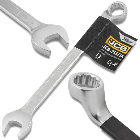 JCB Klucz PŁASKO-OCZKOWY 2-stronny ODGIĘTY o 75 STOPNI 13 mm Cr-V 12-KĄTNY