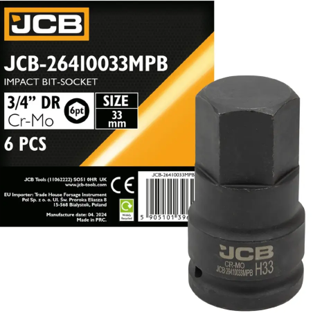 JCB Nasadka BIT udarowa 3/4" 38mm 6-kątna Cr-Mo KLUCZ nasadowy
