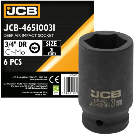 JCB NASADKA udarowa GŁĘBOKA 3/4" Cr-Mo 6-kątna 31mm KLUCZ NASADOWY