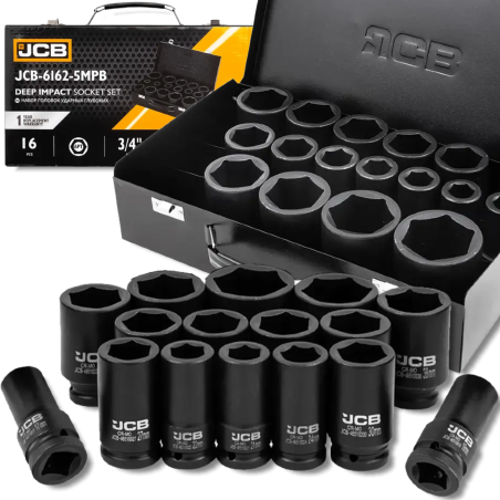 JCB Zestaw NASADEK udarowych GŁĘBOKICH 3/4" Cr-Mo 6-kątnych 16 ELEMENTÓW