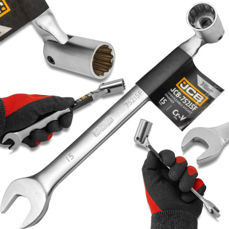 JCB Klucz PŁASKO-NASADOWY 2-stronny z PRZEGUBEM 15mm stal Cr-V