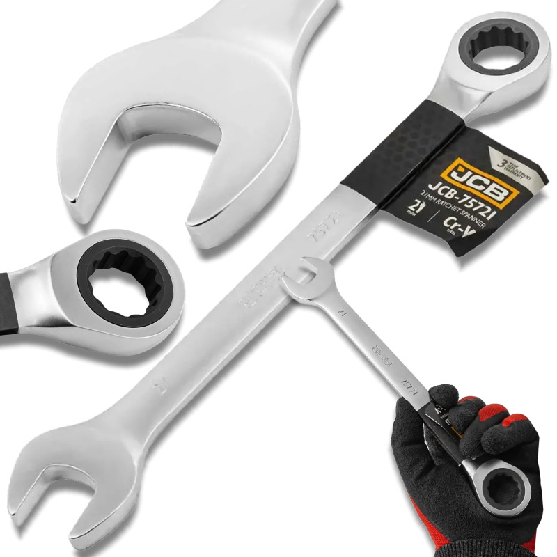 JCB Klucz PŁASKO-OCZKOWY z GRZECHOTKĄ krótki 2-stronny 21mm Cr-V 12-KĄTNY