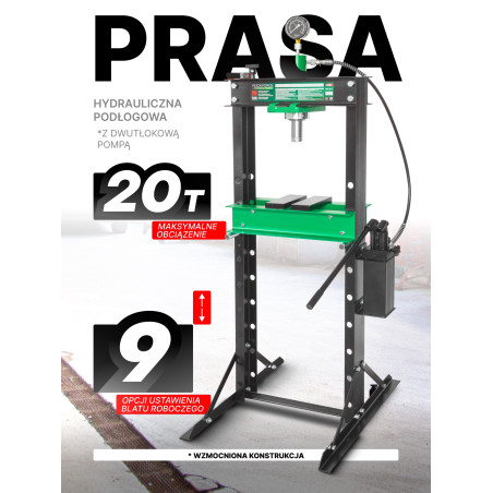 ROCKFORCE Prasa HYDRAULICZNA warsztatowa 20 TON + PRYZMY pompa z MANOMETREM