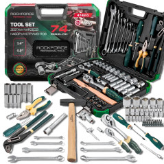 ROCKFORCE Zestaw NARZĘDZI 74 ELEMENTY 6-kątnych 1/4" 1/2" stal CRV komplet
