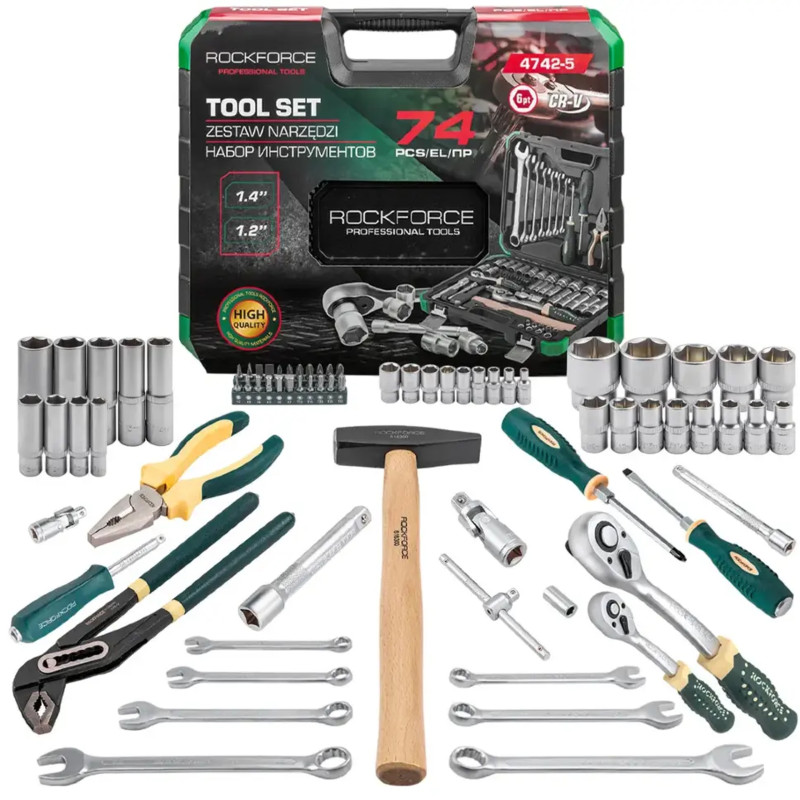 ROCKFORCE Zestaw NARZĘDZI 74 ELEMENTY 6-kątnych 1/4" 1/2" stal CRV komplet