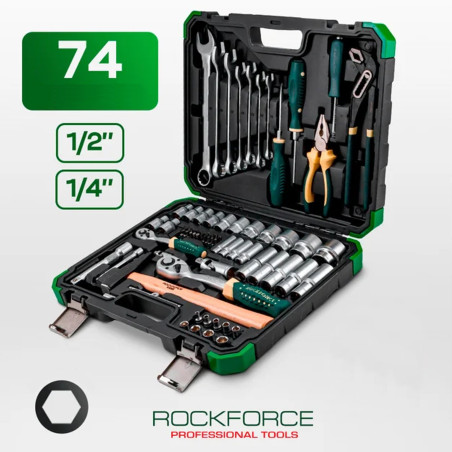 ROCKFORCE Zestaw NARZĘDZI 74 ELEMENTY 6-kątnych 1/4" 1/2" stal CRV komplet
